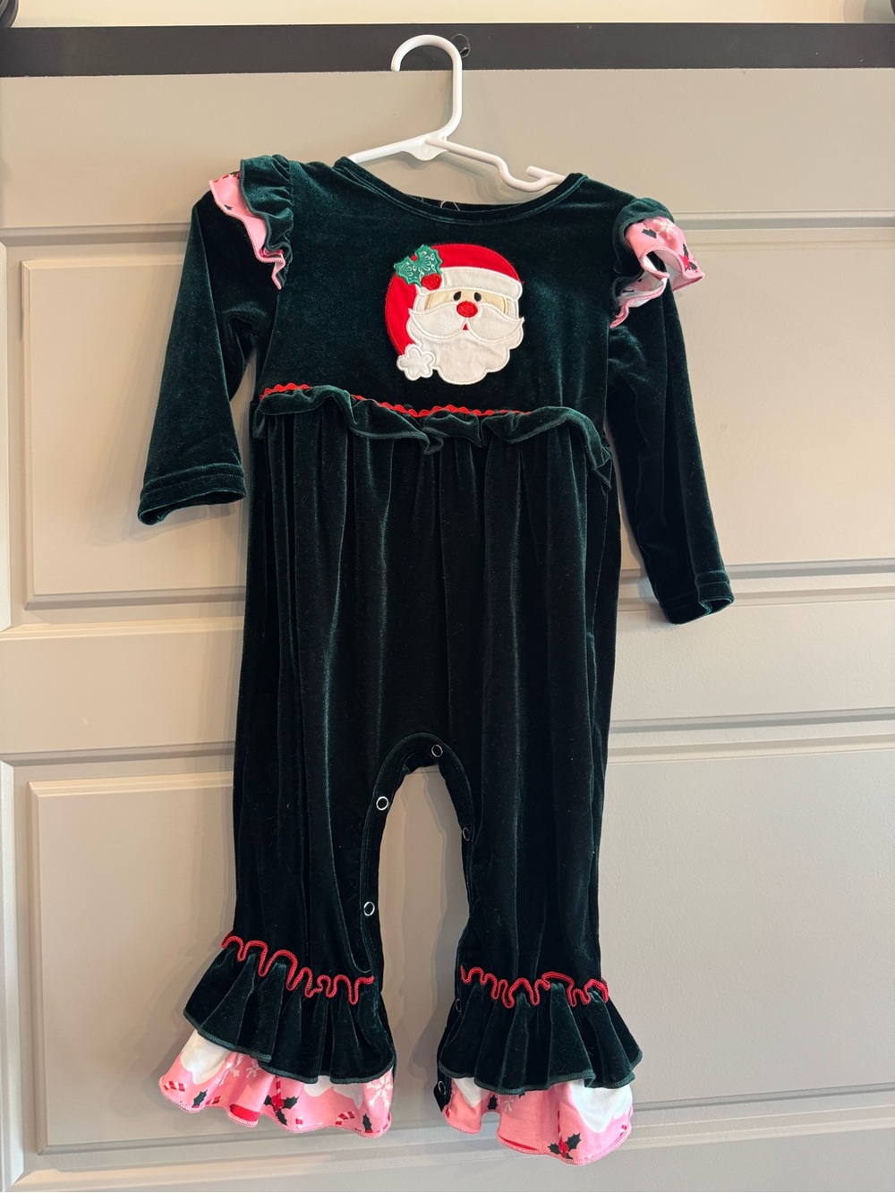Holiday Velvet Santa One-Piece for Kids - Dark Green with Pink Accents
